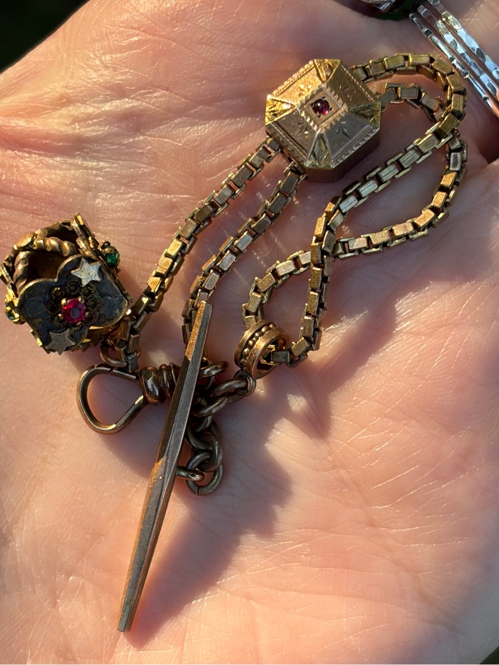 Victorian Gold Fill Or Gold Shell Pocket Watch Fob With Different Color Gems - Picture 7 of 16